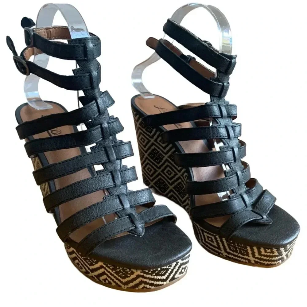 Lucky Brand Strappy Black Espadrille with Ikat Design Pattern Heel, Size 8